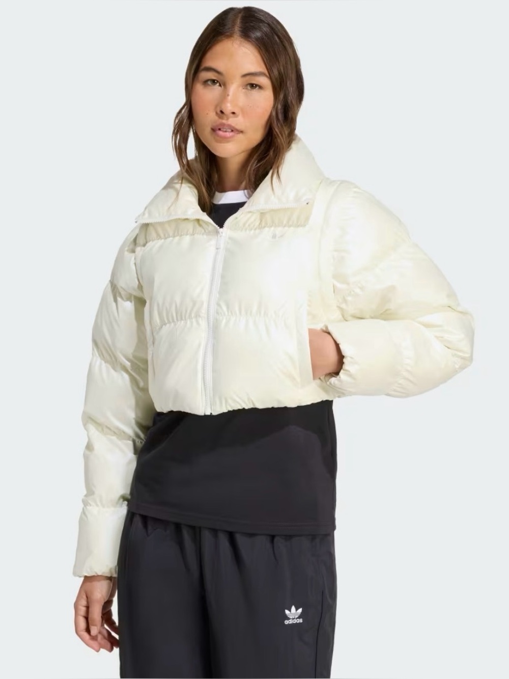 Adidas Originals Essentials Glossy 2-in-1 Cropped Puffer Jacket Ivory L NWT